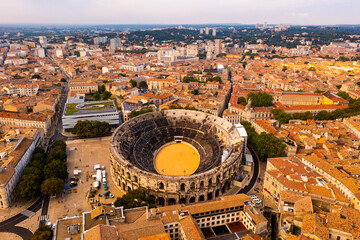 Nimes Arena aerial panoramic view. Nimes is a city in the Occitanie region of southern France