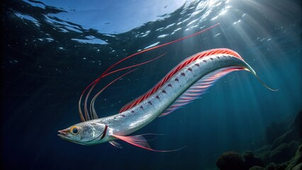 Elongated Ribbonfish: Red Fins and Silvery Body