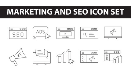 Comprehensive Marketing & SEO Editable Line Icon Set | Digital Marketing, Search Engine Optimization, Analytics, Advertising, and Business Strategy Icons for Websites, Branding, and Growth Solutions