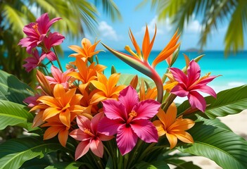 Fototapeta premium Vibrant Tropical Flower Bouquet with Hibiscus and Bird of Paradise, Exotic Beach vacation Holiday Scene background