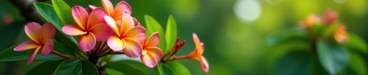 Fototapeta premium Plumeria tree with a few sprigs of fresh flowers, greenery, foliage, plumeria