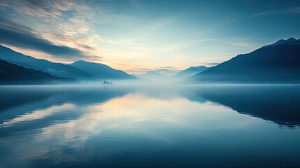 A calm and peaceful quiet lake with mist hovering over the water at dawn.