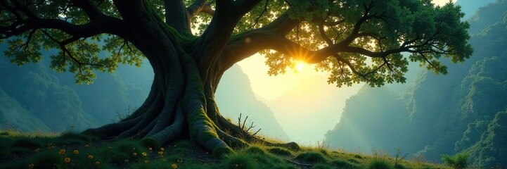 Soft ethereal glow emanating from an ancient tree, tree, ancient