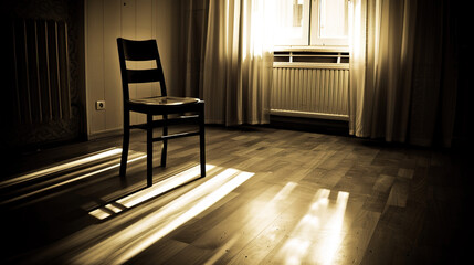 Solitary person sitting on park bench with head bowed, surrounded by barren trees and overcast sky, symbolizing isolation and emotional struggle. Concept of loneliness and mental health.