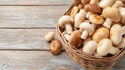 Wicker basket filled with fresh wild mushrooms on a rustic wooden table, organic natural harvest