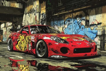 Obraz premium A red sports car in a graffiti filled urban environment