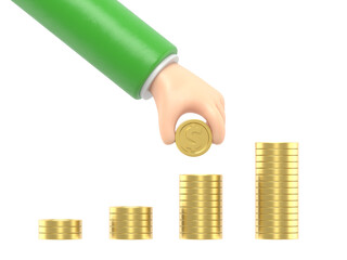 Transparent Backgrounds Mock-up. Male hand stacks up golden coins. Concept of personal investments and savings.Supports PNG files with transparent backgrounds.