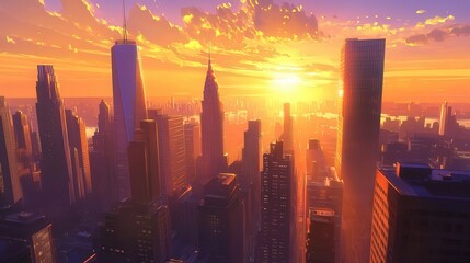 Fototapeta premium Golden Sunset Over City Skyline Buildings