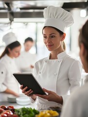 Mid adult female chef holding digital tablet while discussing with team in kitchen - ai