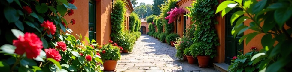 Calle empedrada con paseos y jardines en flor, paseo, callej?n, jard?n