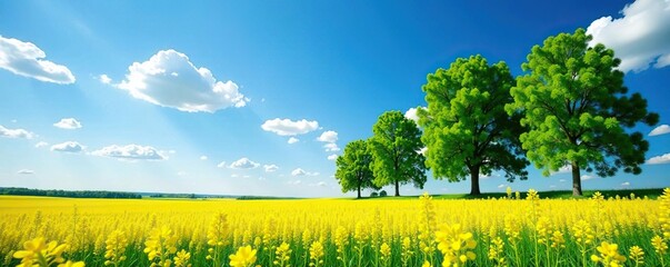 Fototapeta premium Tall trees and swaying canola stalks under a clear blue sky, nature, branches, canola
