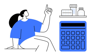 Woman making a financial plan for medical expenses with a large calculator and medications on a shelf. Ideal for healthcare budgeting, cost management, financial advice, personal finance, healthcare
