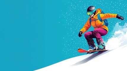 Vibrant Pop Art Poster of a Woman Snowboarding Against a Bright Blue Background