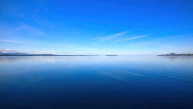 Blue sky reflects in calm tranquil lake water, reflection, serene