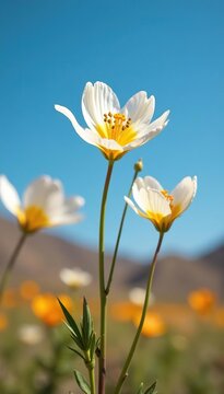 Calochortus nuttallii against a bright blue sky, flowers, landscape, desert bloom
