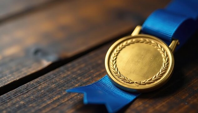 Gold Medal with Blue Ribbon Displayed on a Wooden Table, prize, medals, awards