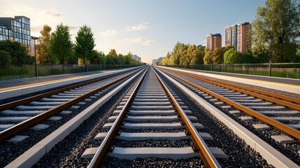 Naklejka premium Modern City Railway System Featuring Train Tracks and Urban Landscape in Bright Daylight