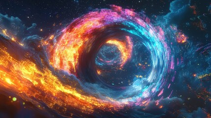 A stunning digital artwork depicting a swirling vortex of glowing data streams in space. Vibrant hues of orange, blue, and pink blend seamlessly,