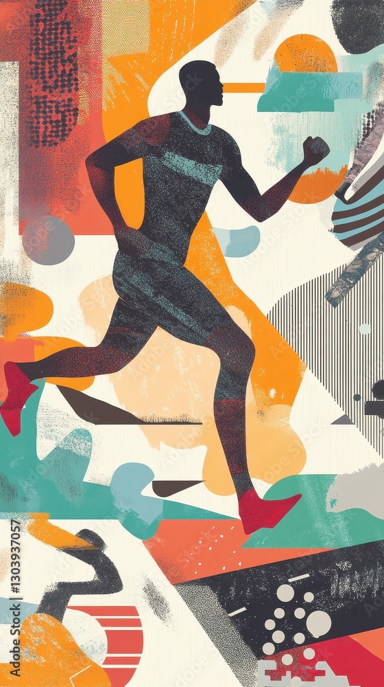 Poster a runner in motion against a backdrop of abstract shapes and colors