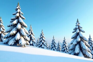 Obraz premium Snow-covered pine trees against a clear blue sky, pine trees, serene, winter