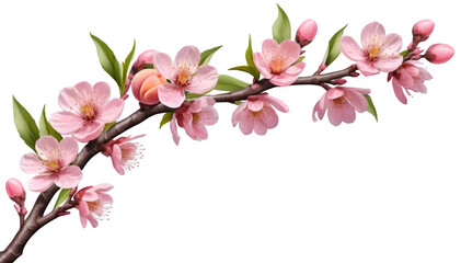 Obraz premium Peach tree branch loaded with pink flowers sits at the corner, blooming beautifully against a clear background