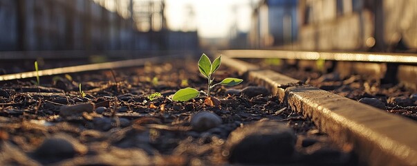Emerging plant life on forgotten railroad terrain with cracked soil and fallen foliage, capturing ecological renewal concepts for sustainability reports and educational materials.