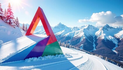Colorful triangle-shaped ski jumps, dynamic descent, abstract, action
