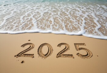 Fototapeta premium Beach shoreline, foamy waves, sandy beach, number 2025 written in sand, clear turquoise water, sunny day, coastal scenery, new year concept, future planning, vacation vibes, tropical destination, sere