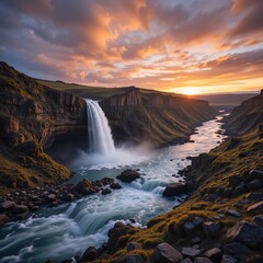 Golden Hour At The Waterfall. Serene Landscape View, Sun-kissed Cliffs, And Cascading Water Create A Peaceful Escape. A River Flows And Nature Thrives In This Beautiful Spot.