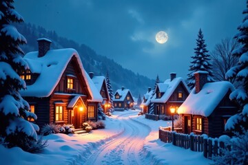 Snow-covered rooftops, glowing windows, whimsical scene, enchanting village, film, christmas
