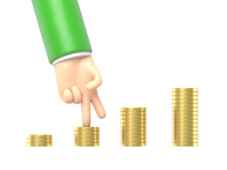 Money staircase concept. Businessman walk fingers over the stock of coins. Infographics,steps to achieve the goal.3d illustration flat design.Supports PNG files with transparent backgrounds.
