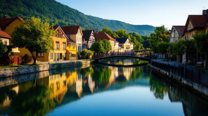 Obraz premium A picturesque scene featuring charming houses by a tranquil river, surrounded by lush greenery and mountains under a clear blue sky.