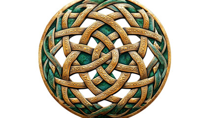 intricate Celtic knot mandala design in gold and green, isolated on transparent background for symbolic and decorative visuals --ar 16:9 