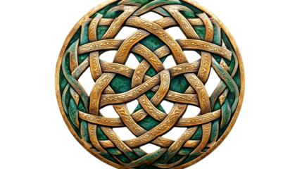 intricate Celtic knot mandala design in gold and green, isolated on transparent background for symbolic and decorative visuals --ar 16:9