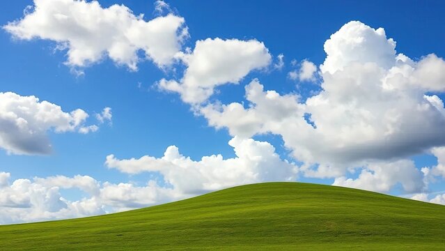 Blue sky with fluffy white clouds over a green hill, blue sky, clouds, hill