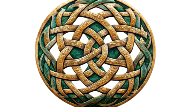 intricate Celtic knot mandala design in gold and green, isolated on transparent background for symbolic and decorative visuals --ar 16:9 