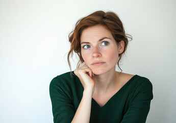 Thoughtful woman in a green top, contemplating in a minimalistic indoor setting