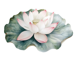 Delicate Pink Lotus Flower with Green Leaves on transparent background Generative Ai