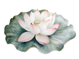 Delicate Pink Lotus Flower with Green Leaves on transparent background Generative Ai