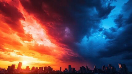 Fototapeta premium A vibrant sunset scene with striking orange and blue hues contrasting against a city skyline under dramatic clouds.