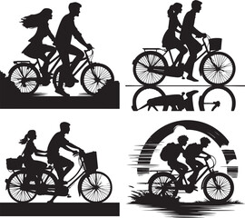Obraz premium Create a boys and girls bicycling vector art silhouette with white background.