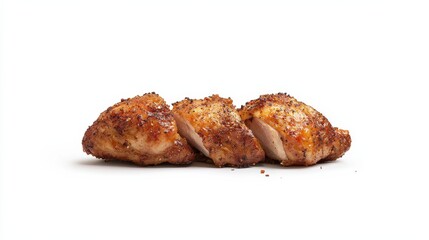 A deliciously seasoned grilled chicken breast, perfectly cooked and presented in three succulent pieces.
