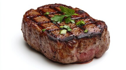 A perfectly grilled steak garnished with fresh herbs, showcasing a juicy texture and appetizing char marks.