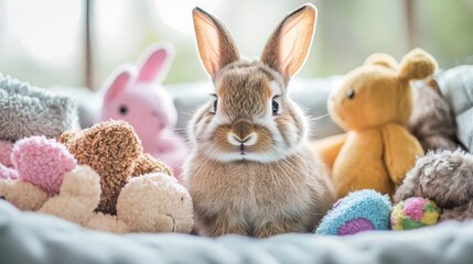 A cute pet rabbit sitting in a cozy bed surrounded by soft toys.