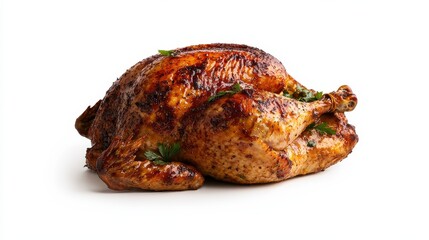 A beautifully roasted whole chicken with crispy skin, garnished with herbs, showcasing a delicious and appetizing presentation.