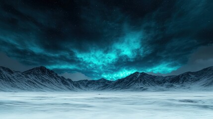 A breathtaking icy landscape with dramatic dark clouds illuminated by vibrant turquoise hues, evoking a sense of mystery and wonder.