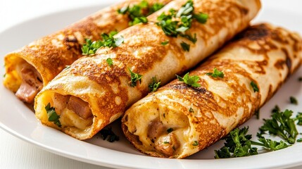 Ham and Cheese Crepe Rolls with Parsley Garnish