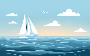 Sailing yacht on calm ocean, sunrise sky, birds, clouds