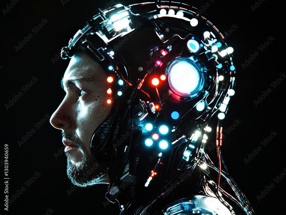 Poster generative ai futuristic illustration of side view of pensive cyborg character with illuminated dots