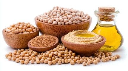 Chickpeas, Mustard Seeds, and Oil in Wooden Bowls